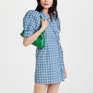 Ganni Seersucker Wrap Mini Dress - Check Azure Blue